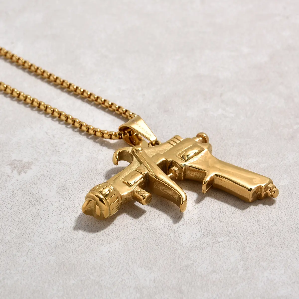 Gold Tattoo Gun Steel Hearts Necklace 2