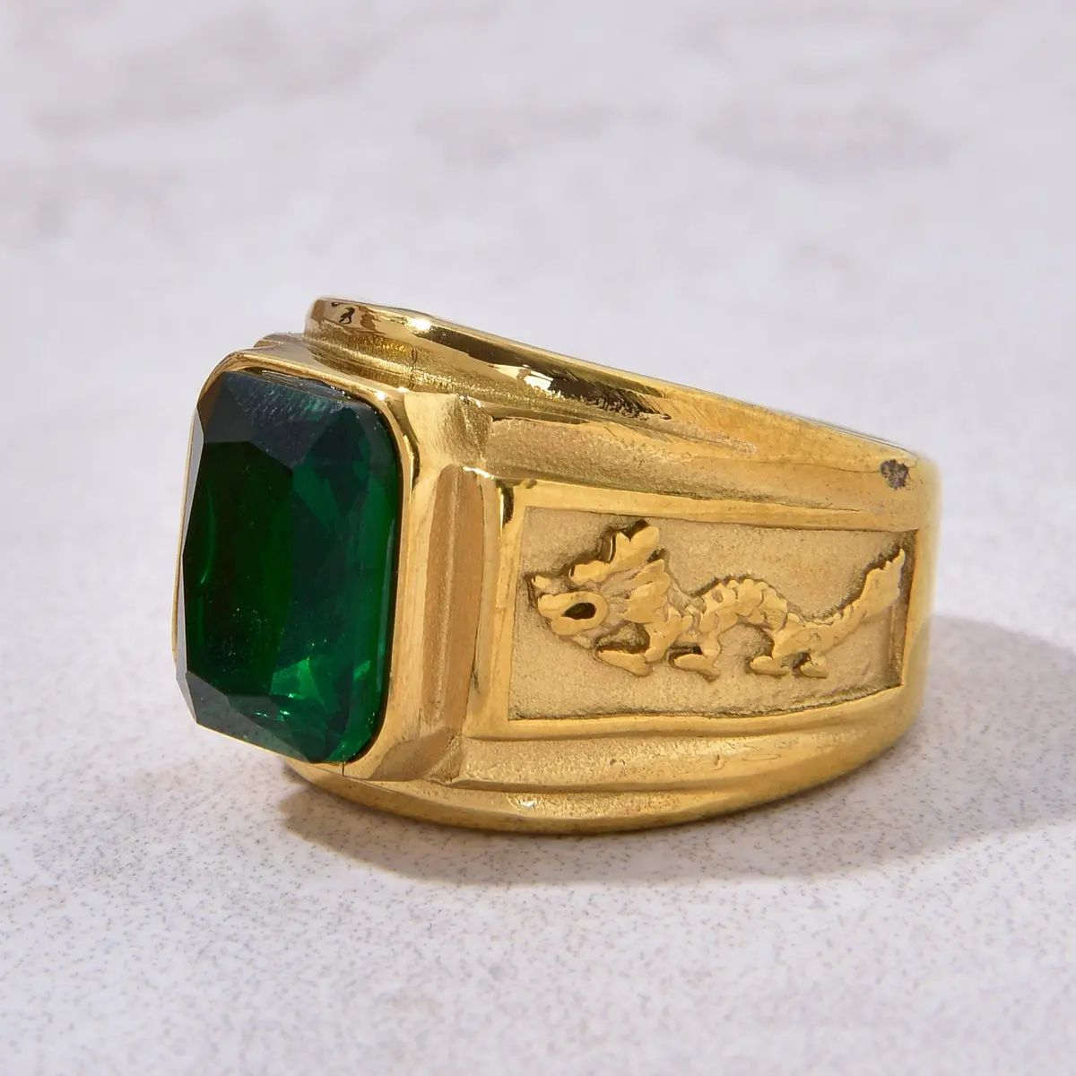 Gold Viking Dragon Syn Emerald Steel Hearts Ring 2