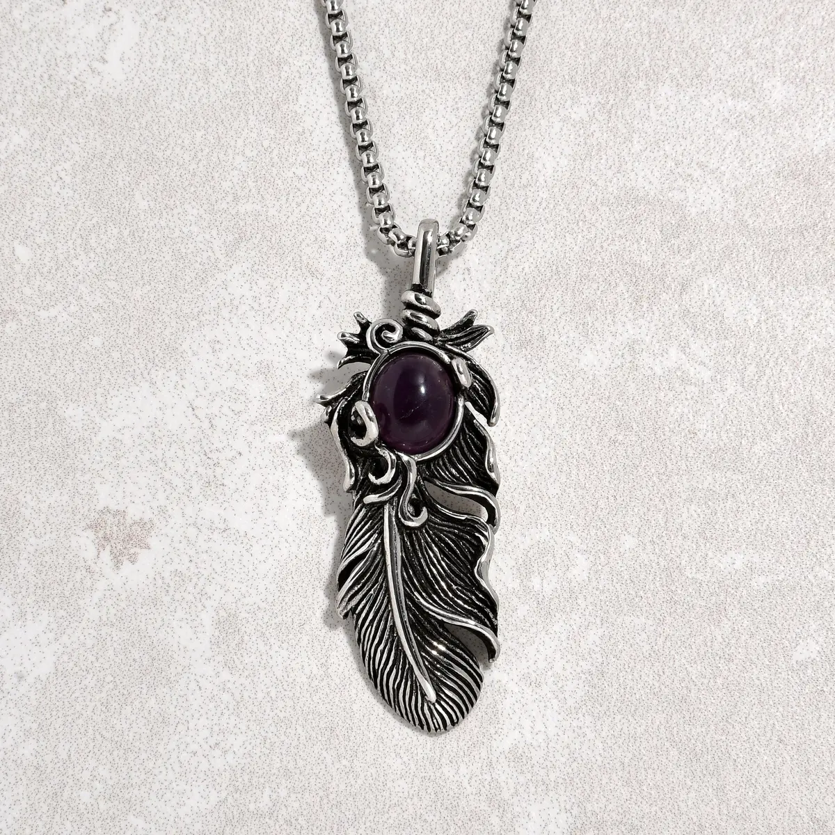 Silver Amethyst Feather Steel Hearts Necklace 1