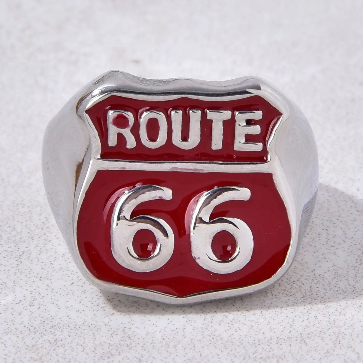 Silver And Red Route 66 Steel Hearts Ring 1
