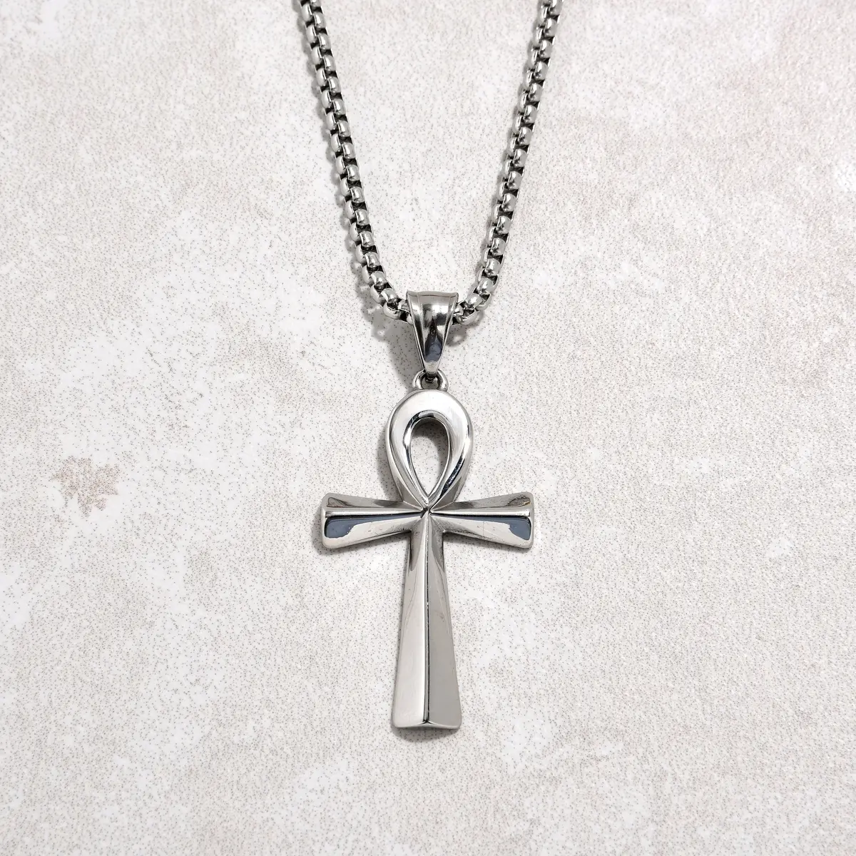 Silver Ankh Cross Steel Hearts Necklace 1