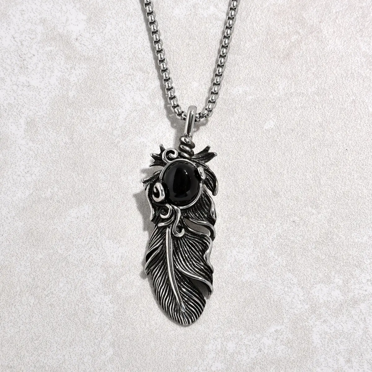 Silver Black Agate Feather Steel Hearts Necklace 1