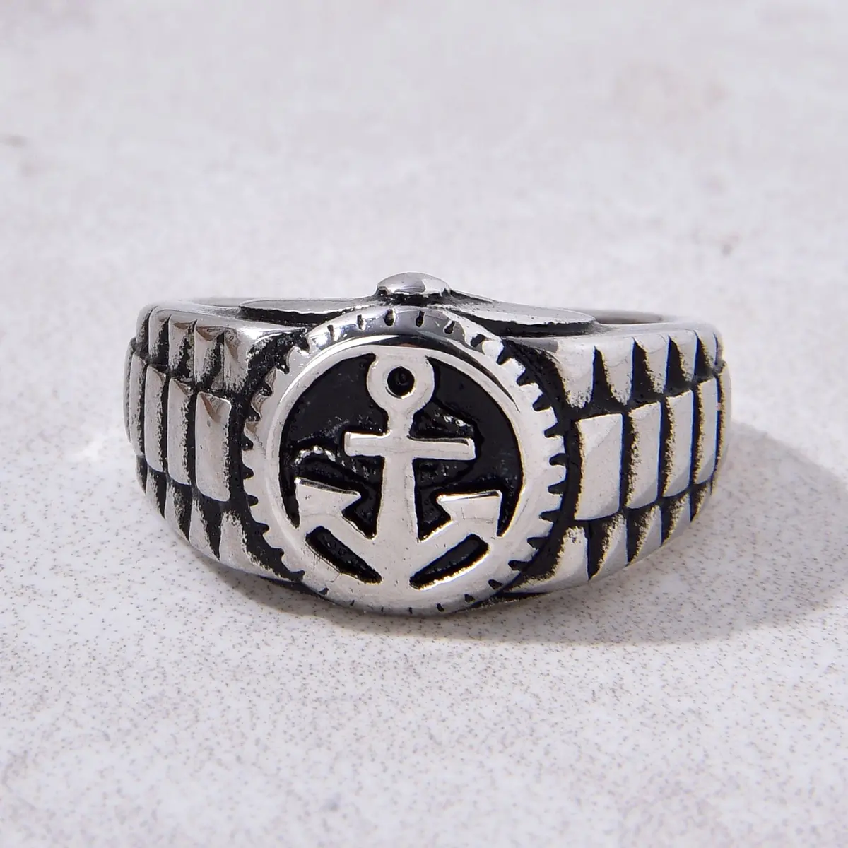 Silver Boat Anchor Steel Hearts Ring 1