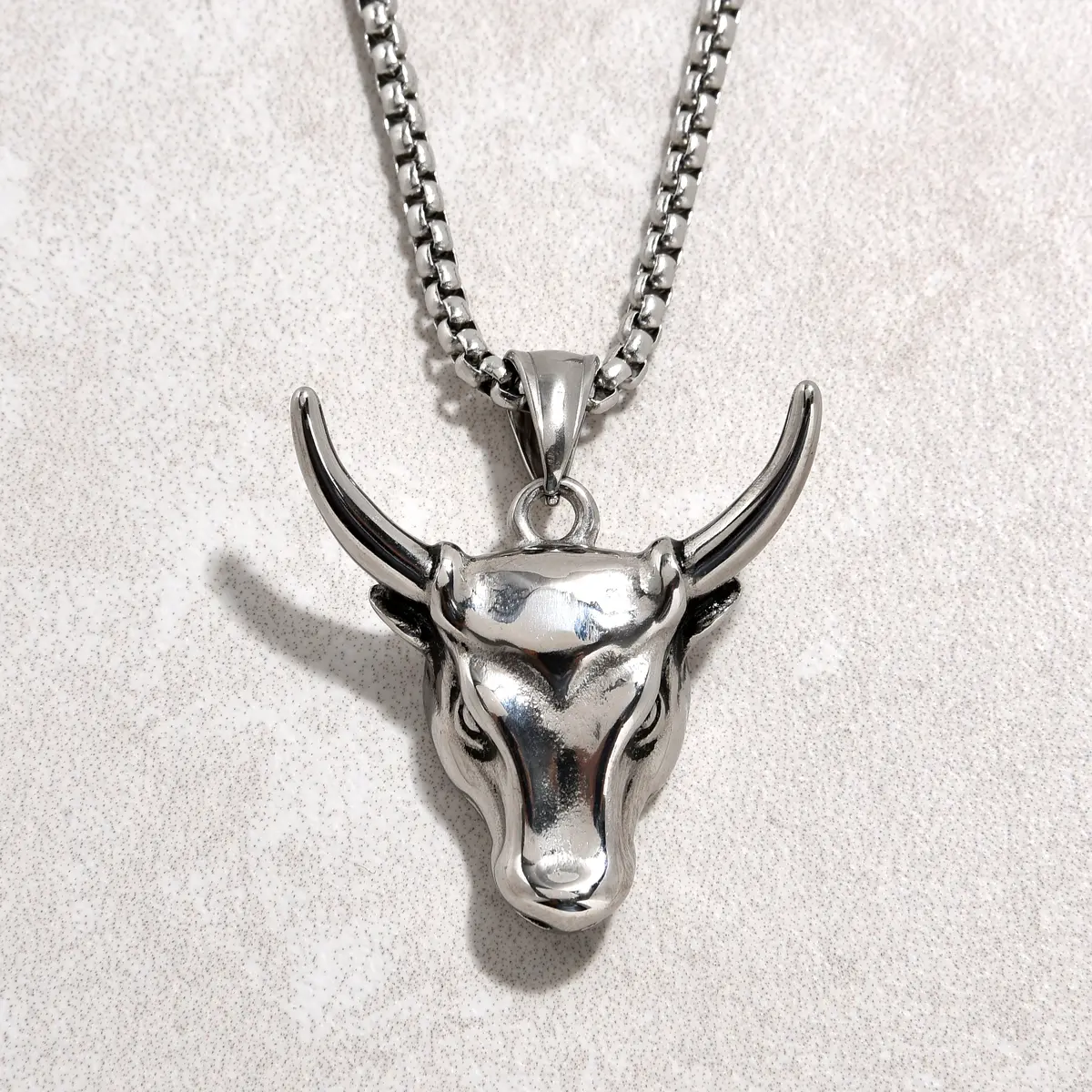 Silver Bull Head Steel Hearts Necklace 1