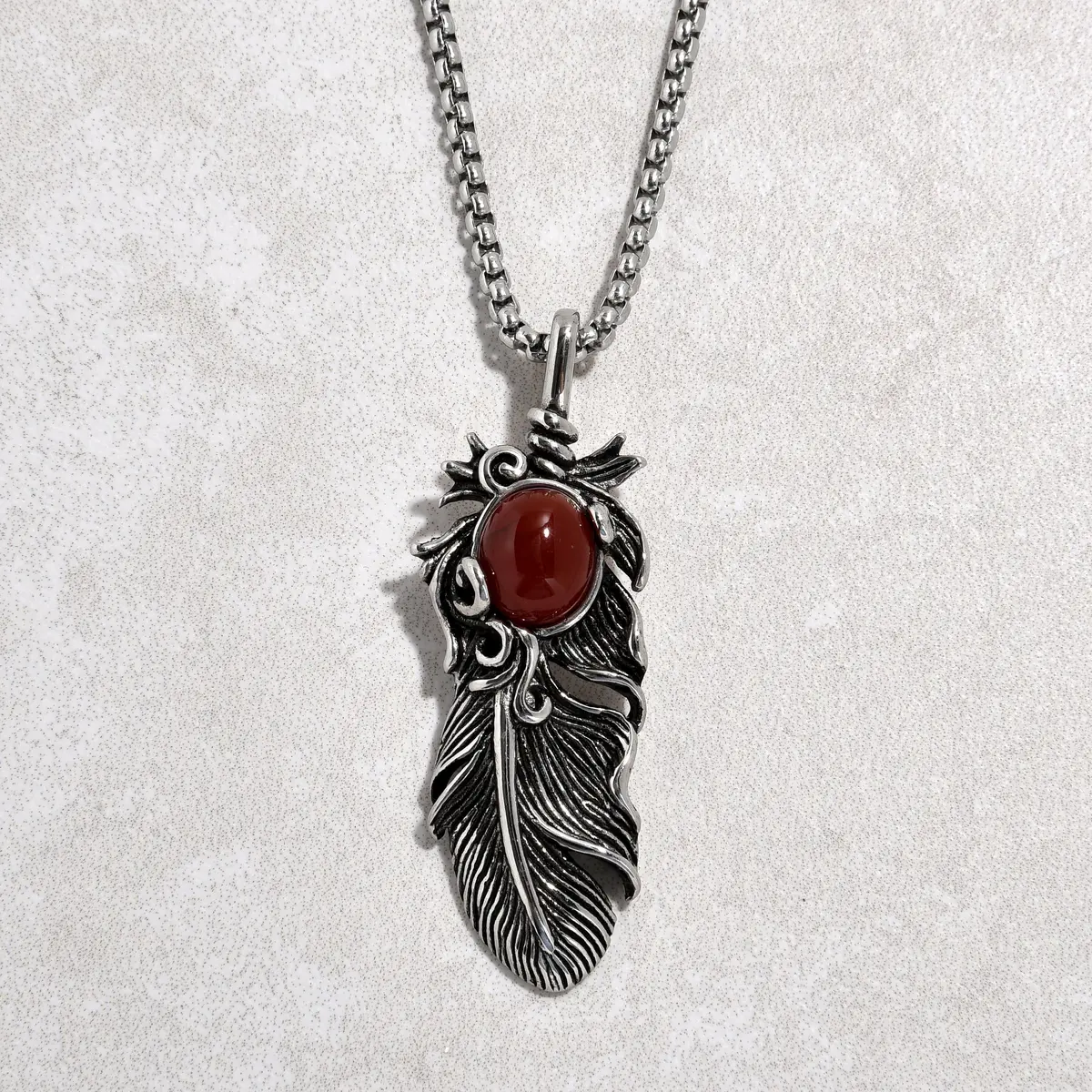 Silver Carnelian Feather Steel Hearts Necklace 1