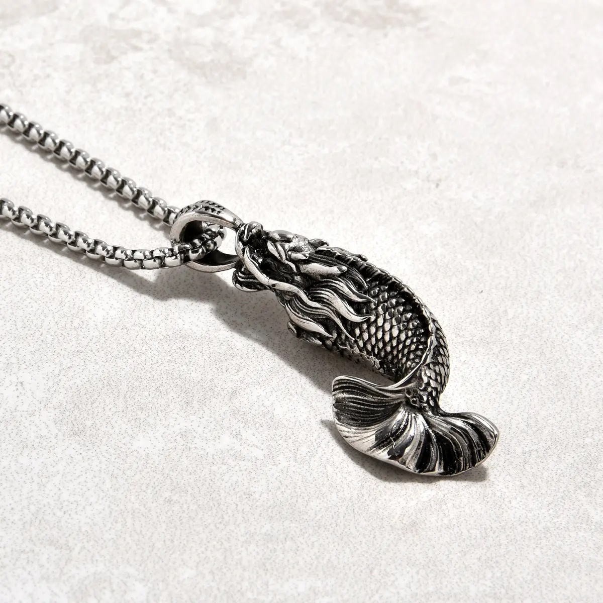 Silver Carp Fish Steel Hearts Necklace 1