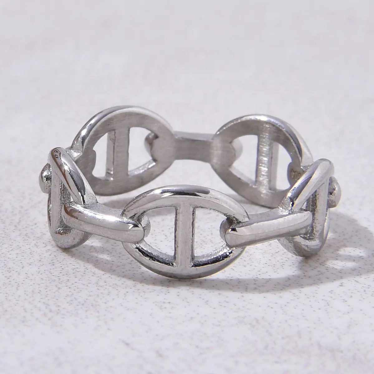 Silver Chain Link Steel Hearts Ring 1