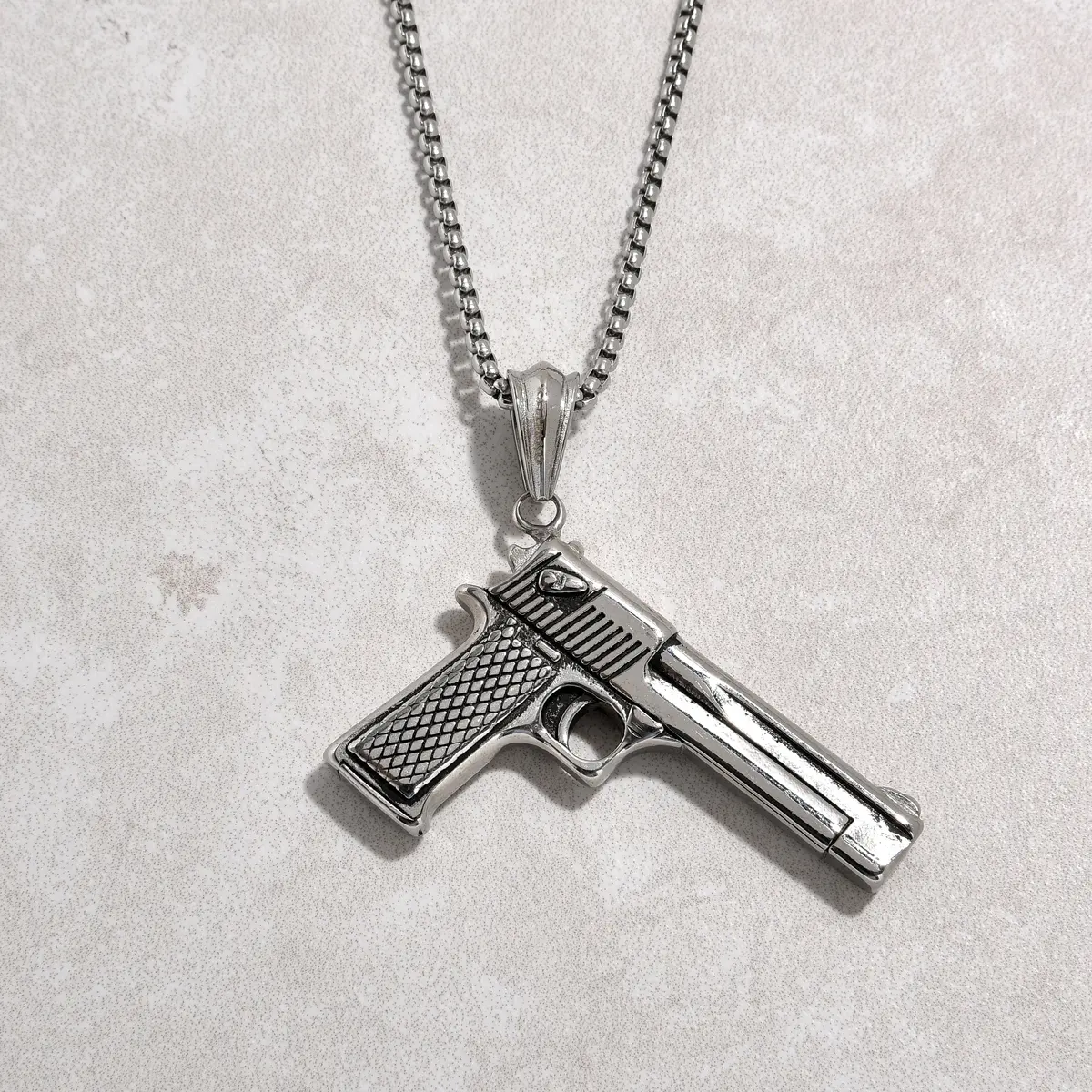 Silver Desert Eagle Glock Pistol Gun Steel Hearts Necklace 1