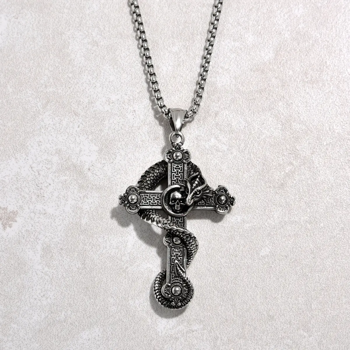 Silver Dragon Cross Steel Hearts Necklace 1