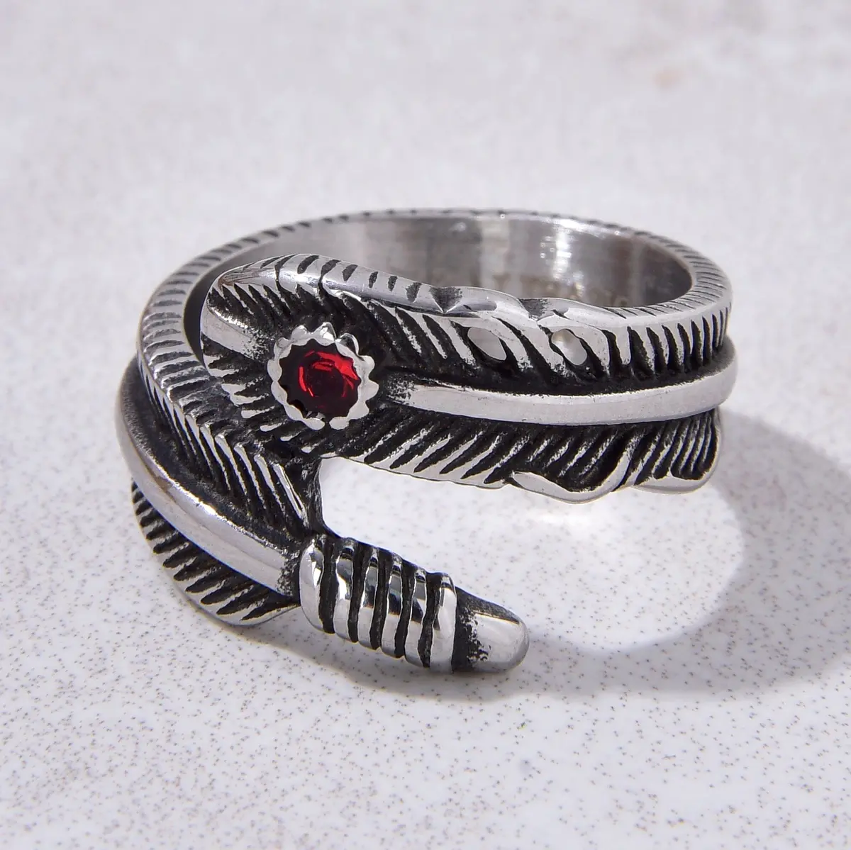 Silver Feather Steel Hearts Ring 1