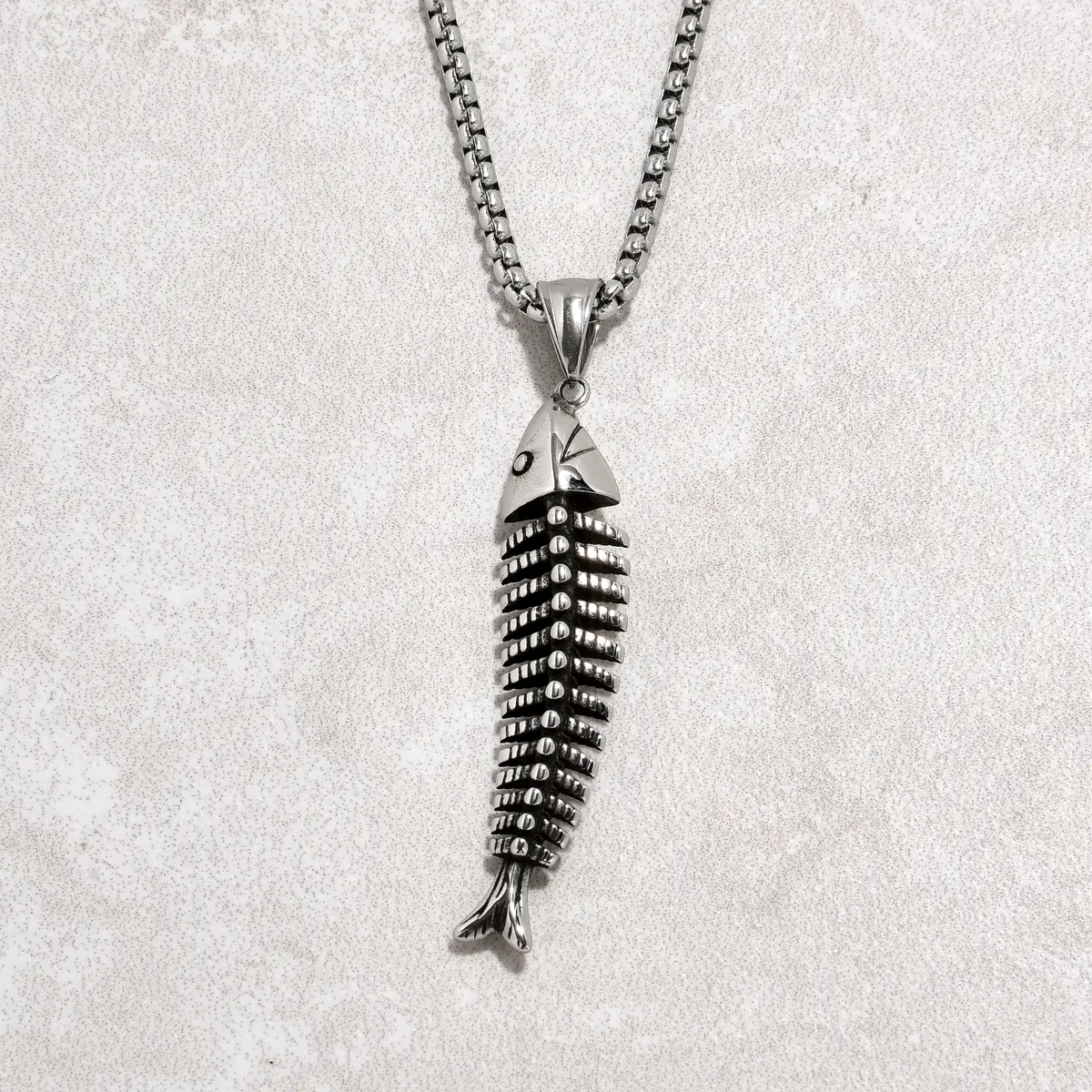 Silver Fish Bone Steel Hearts Necklace 1