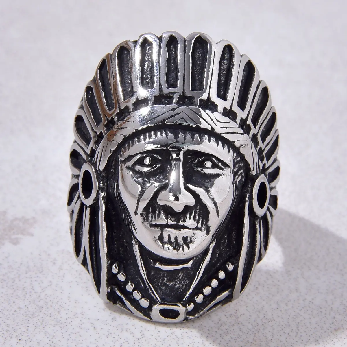 Silver Indian Chief Head Steel Hearts Ring 1