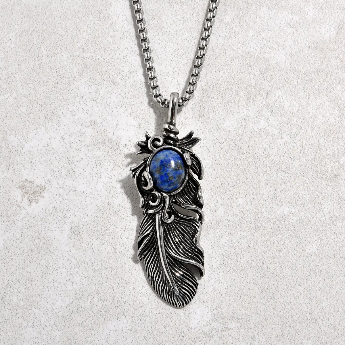 Silver Lapis Feather Steel Hearts Necklace 1