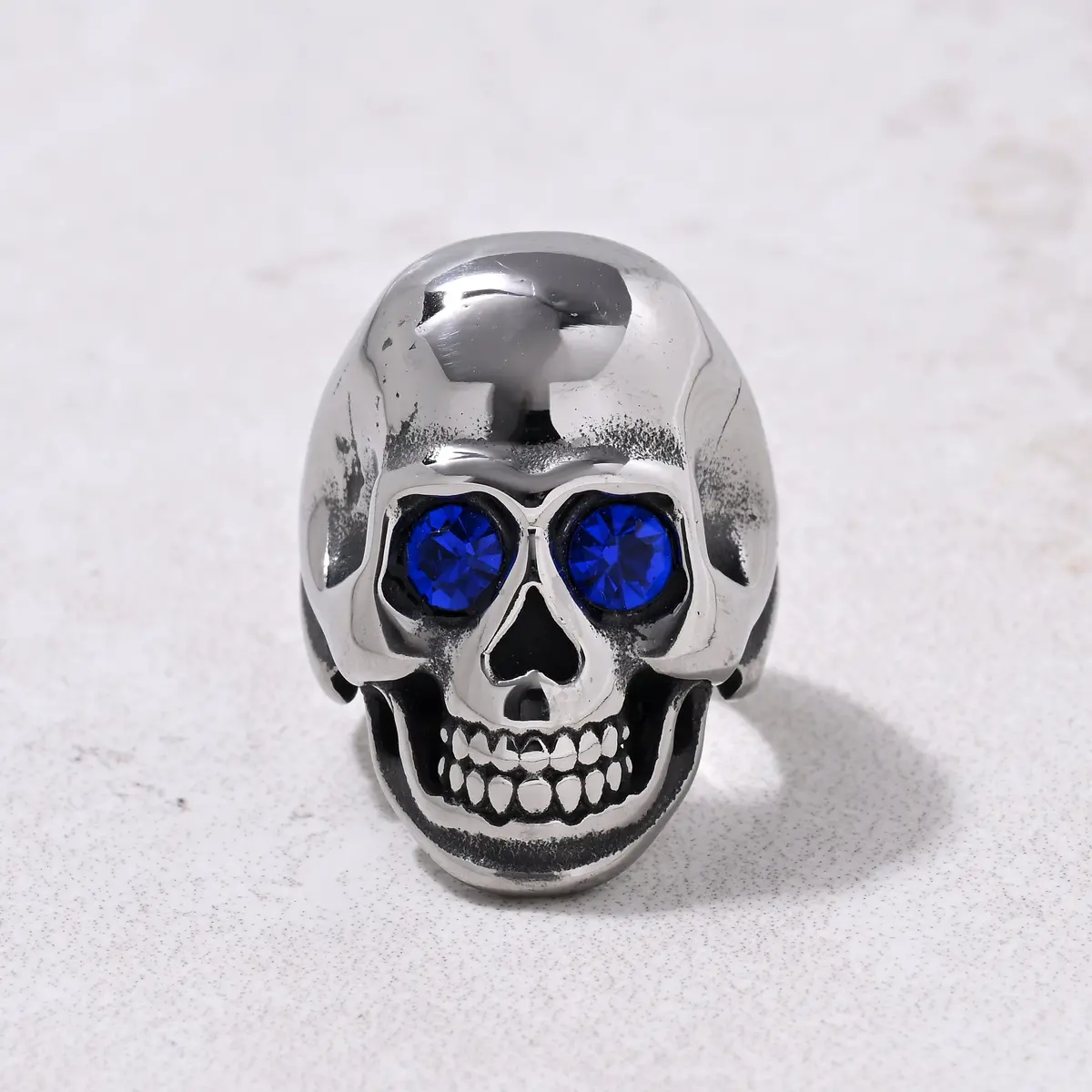 Silver Punk Skull Sapphire Glass Ring 1