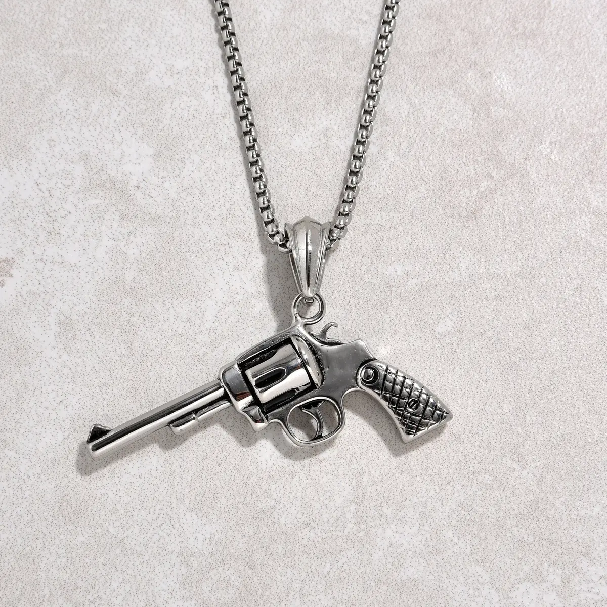 Silver Revolver Gun Steel Hearts Necklace 1