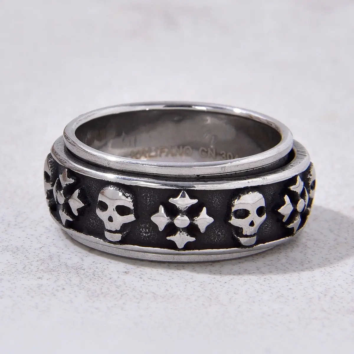 Silver Rotatable Skull And Cross Steel Hearts Ring 1