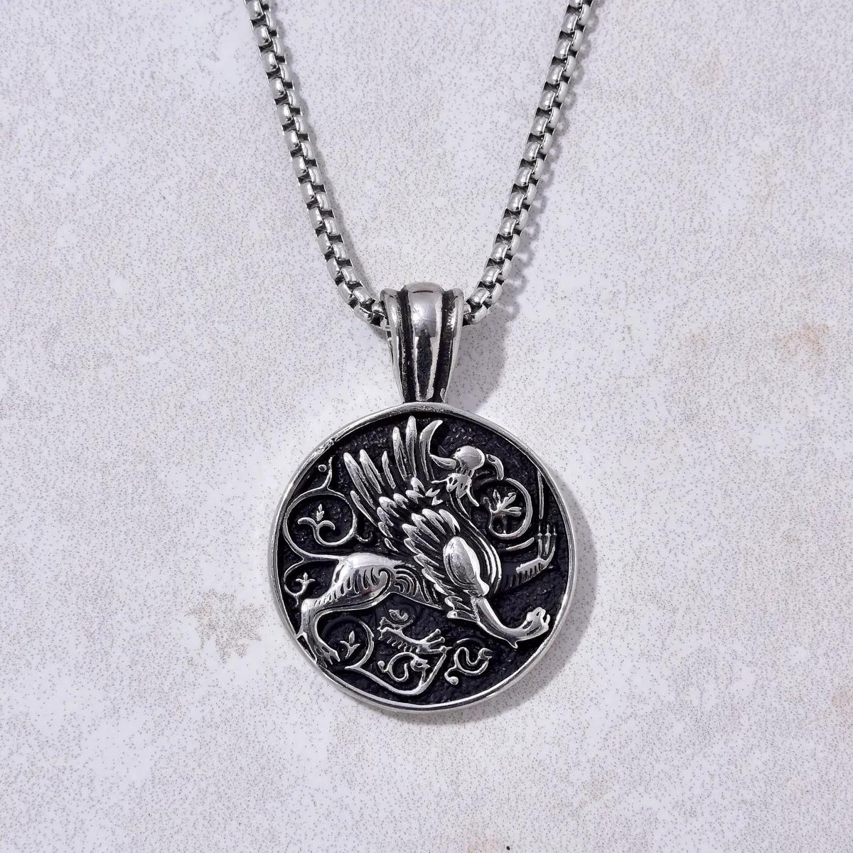 Silver Phoenix Bird Steel Hearts Necklace 1