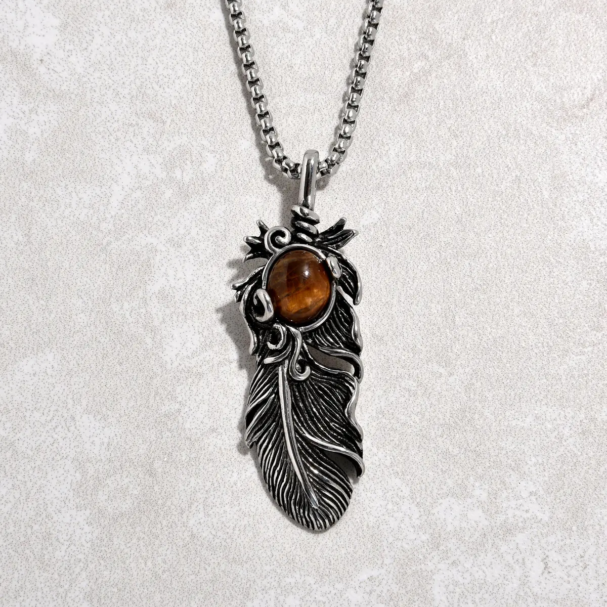 Silver Tiger Eye Feather Steel Hearts Necklace 1