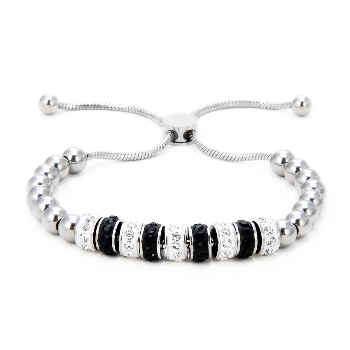 Steel Hearts Black And White Bead Bolo Bracelet 1