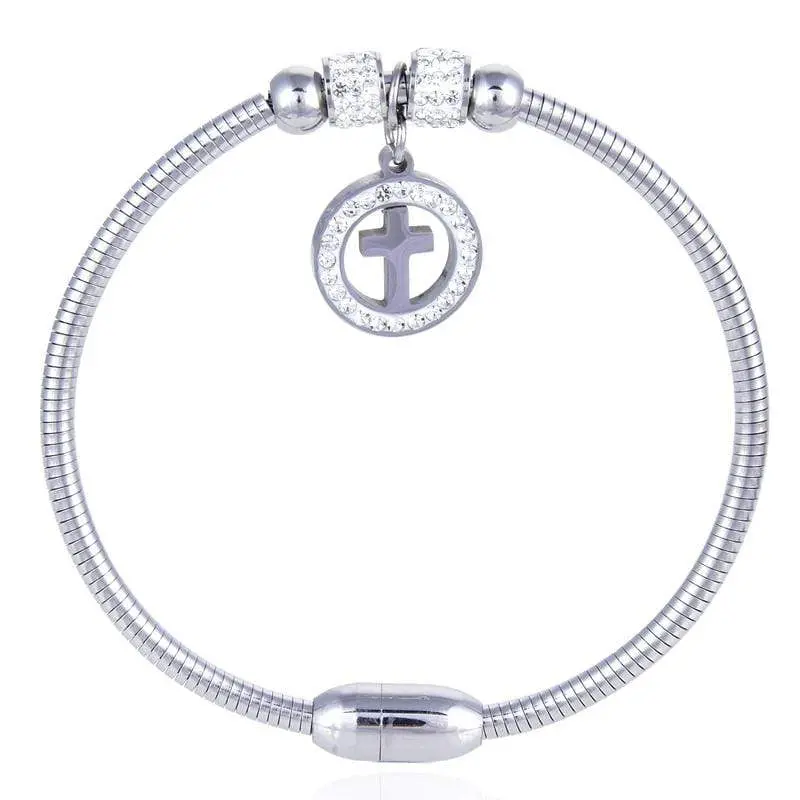 Steel Hearts Cross Gemstone Pendant Bangle Bracelet 1