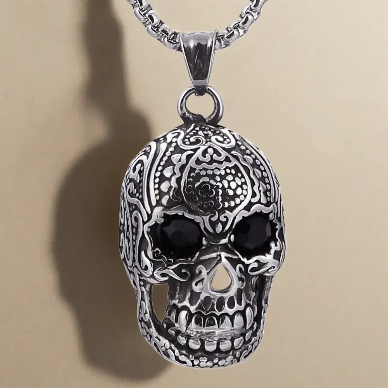 Steel Hearts Skull With Black Gemstone Necklace 1