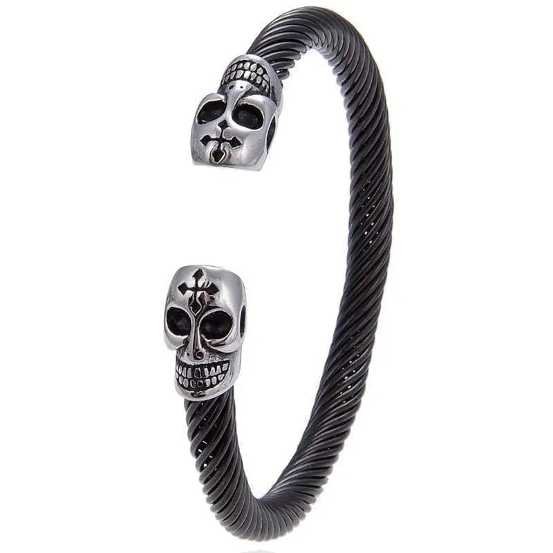 Steel Hearts Skull With Cross Black Open Bangle Bracelet 1