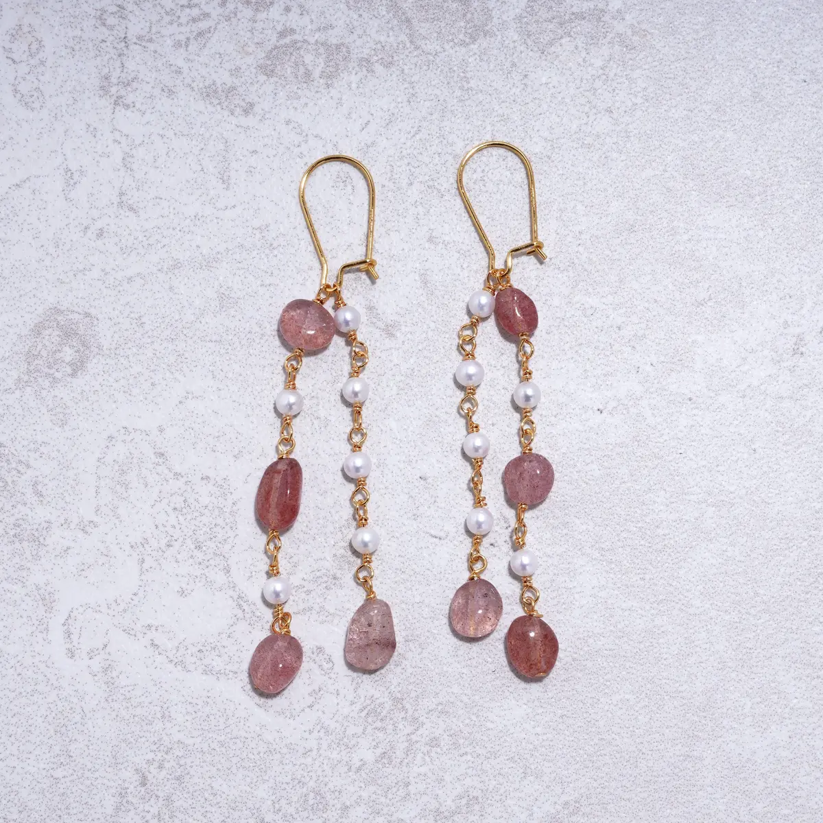 Strawberry Quartz & Freshwater Pearl Dangle Earrings – 24K Gold Plated 1