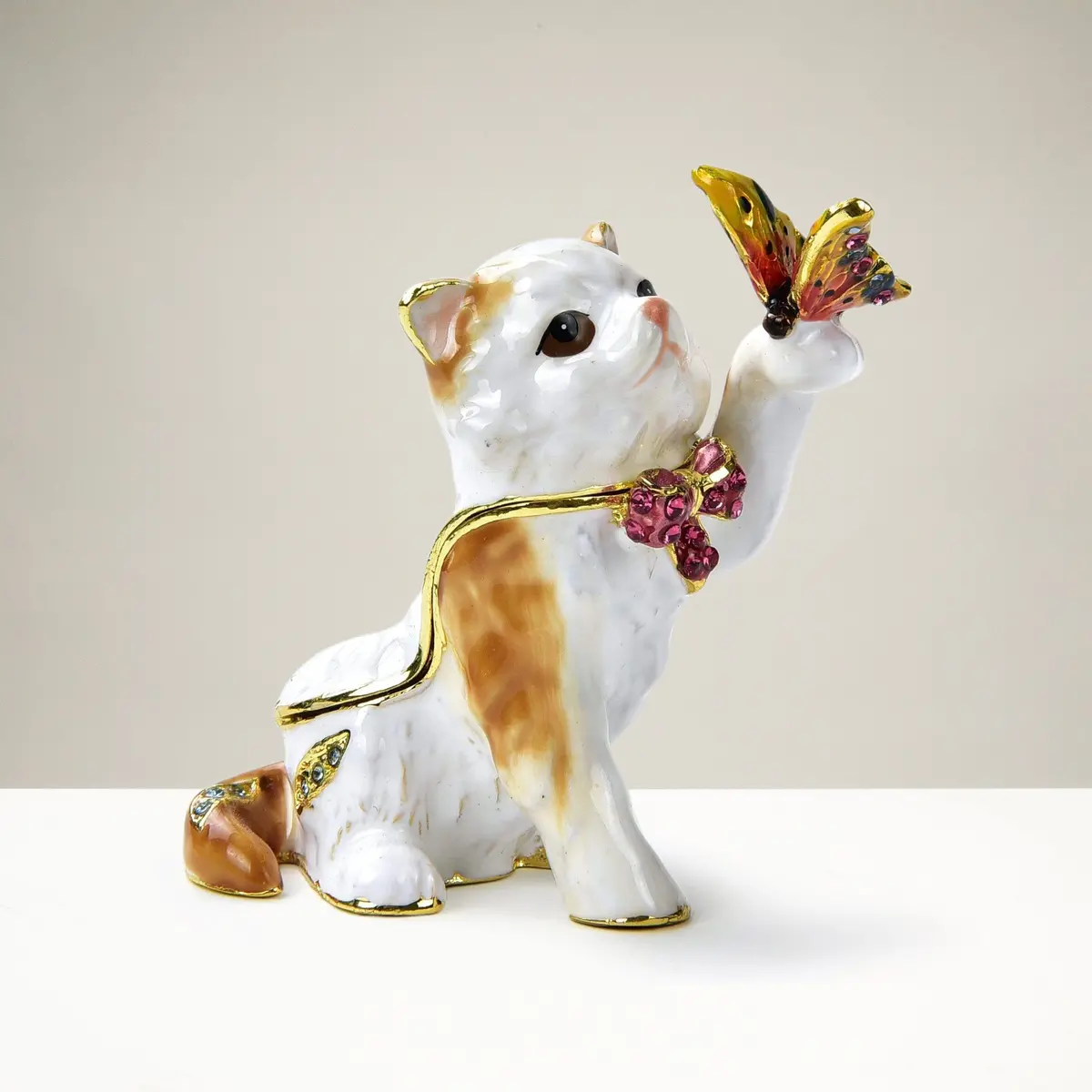Cat & Butterfly Figurine Keepsake Box Made With Crystals 1