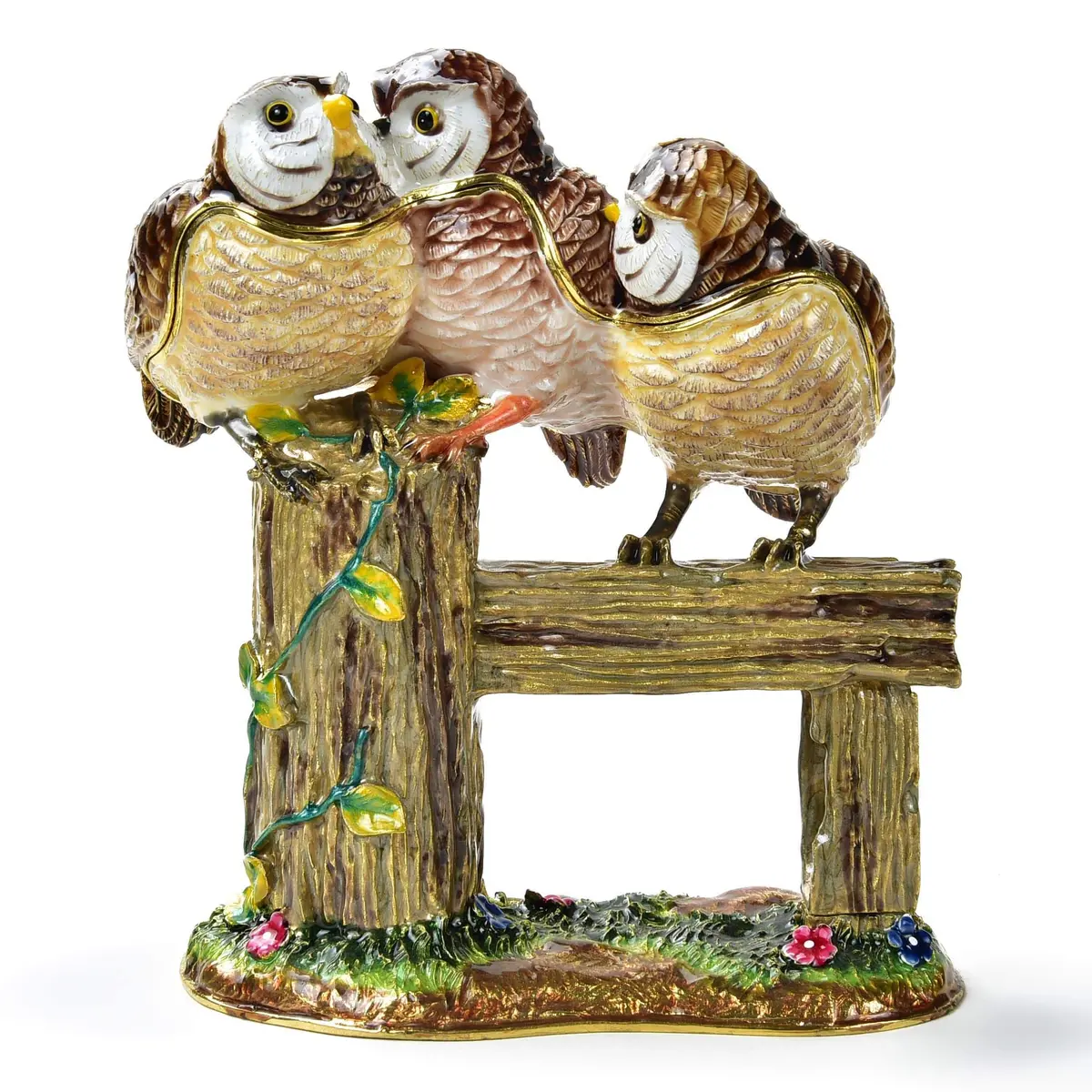 Owl Family On Branch Figurine Keepsake Box Made With Crystals 1