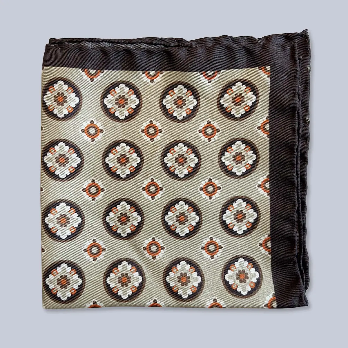 Brown Beige Orange Patterned Silk Pocket Square 1