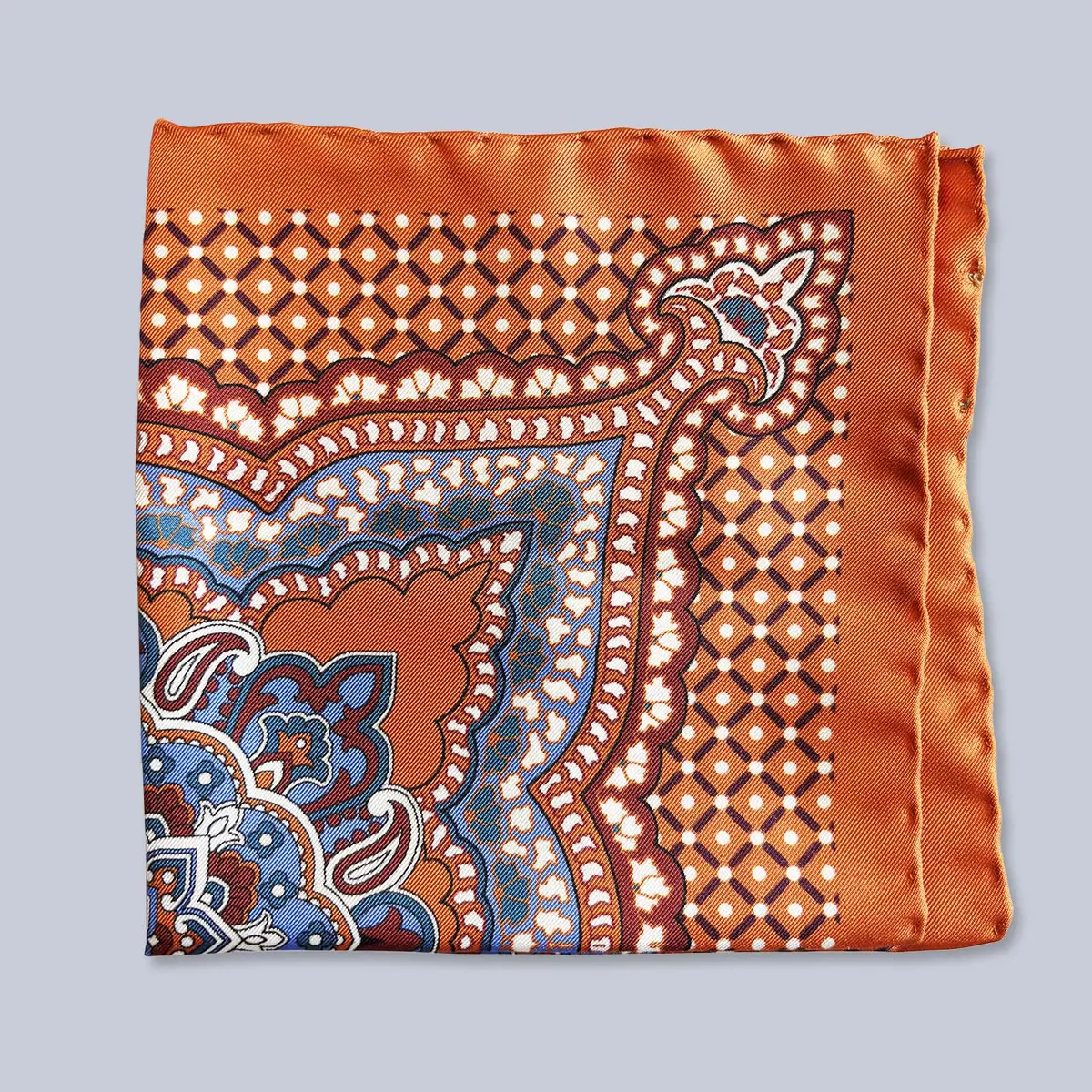 Orange Blue Burgundy Patterned Silk Pocket Square 1