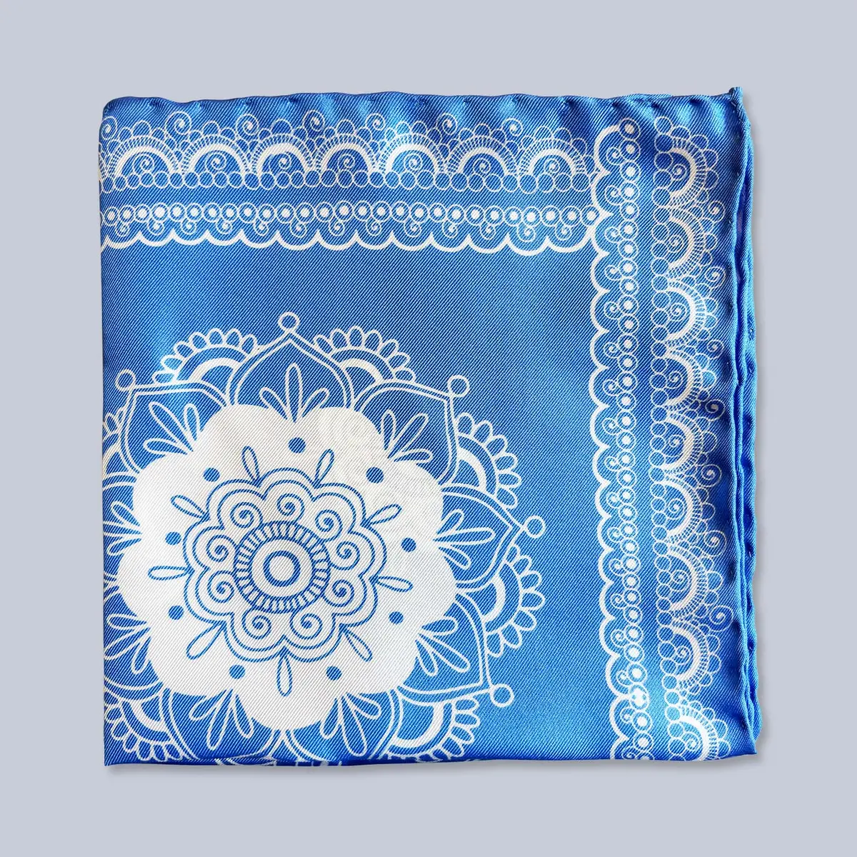 Sky Blue White Patterned Silk Pocket Square 1