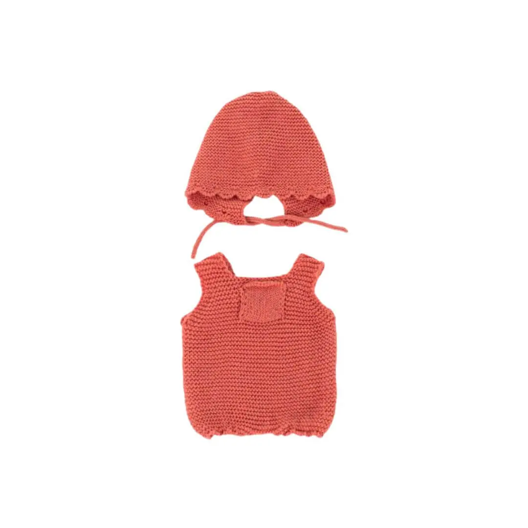 Red Romper & Bonnet Set - 12" Knit Doll Outfit 1