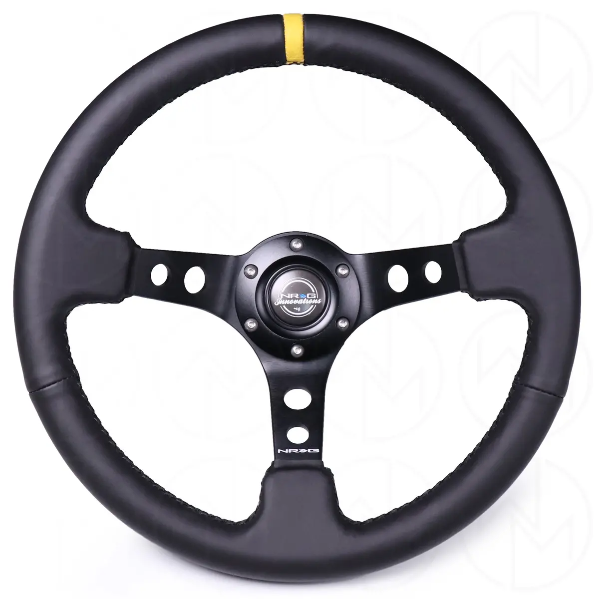 Nrg Sports Steering Wheel - 350Mm Leather W/Yellow Marker & Spoke Holes W/Black Stitch 1