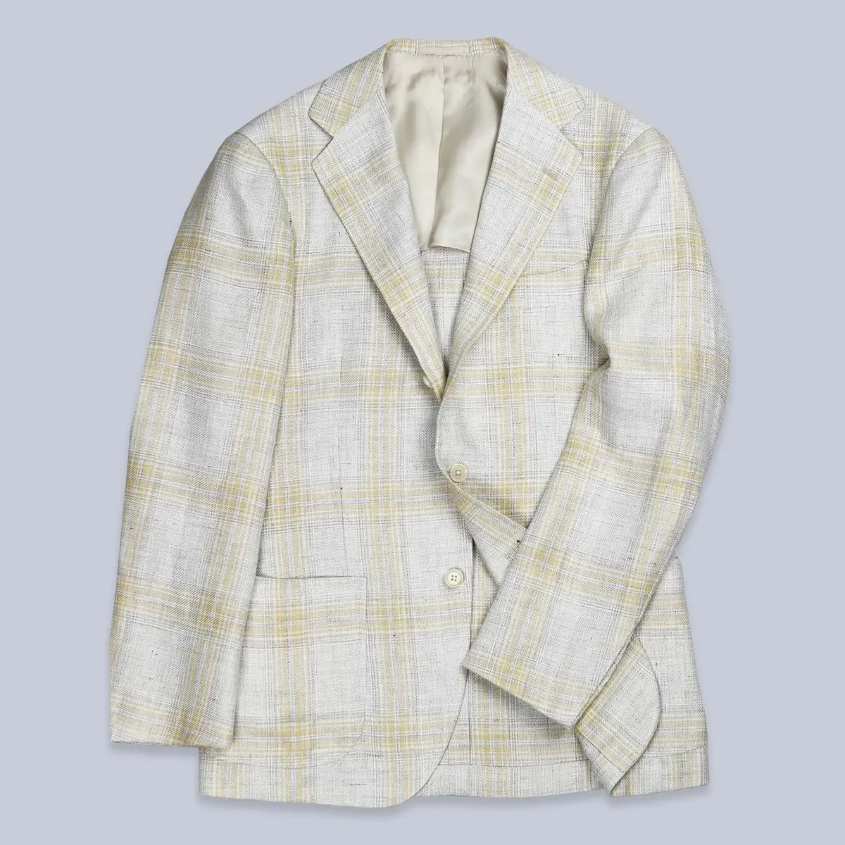 Beige Yellow Checked Linen Wool Blazer 1