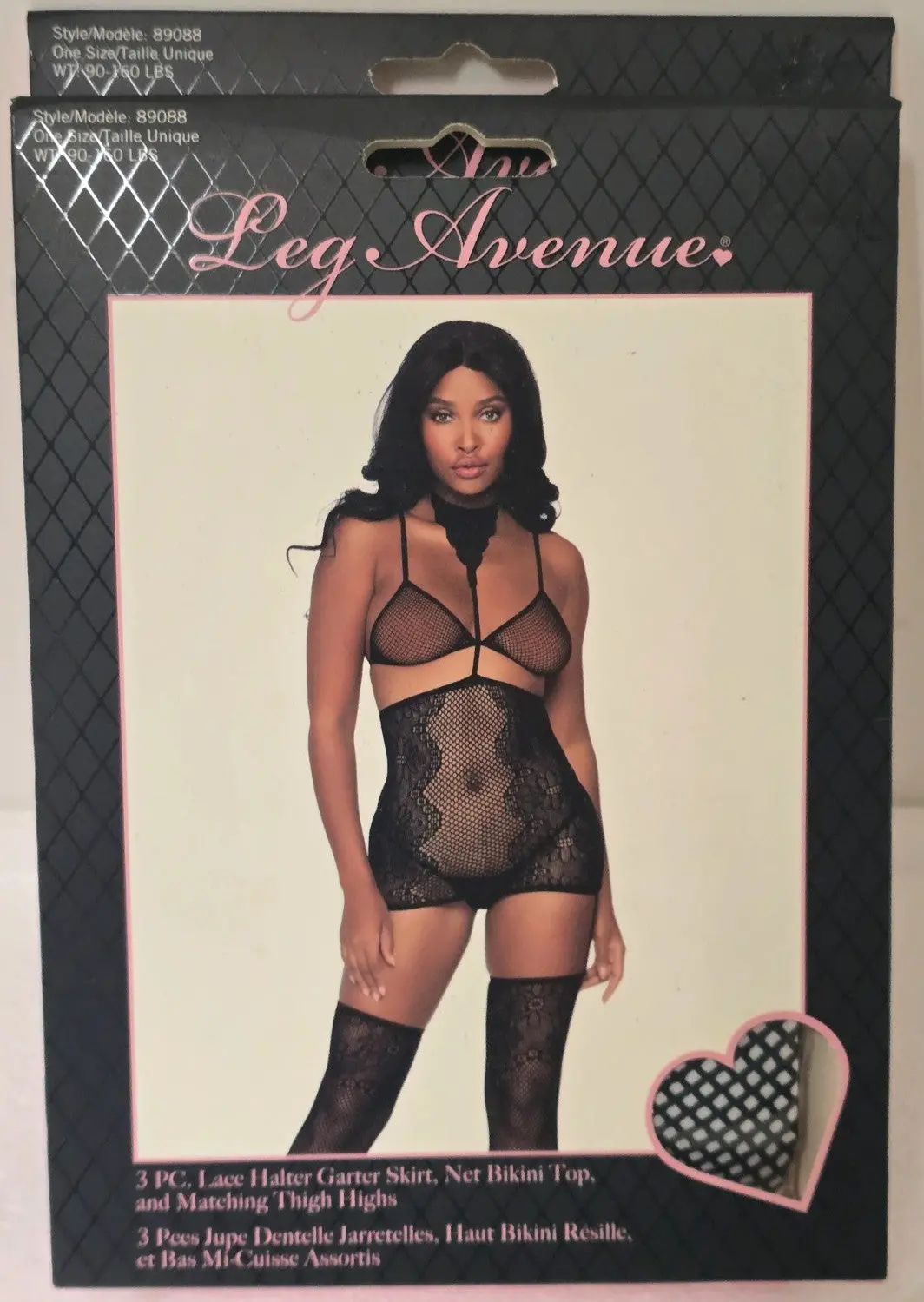 3Pc. Lace Halter Garter Skirt, Net Bikini Top & Thigh Highs 1