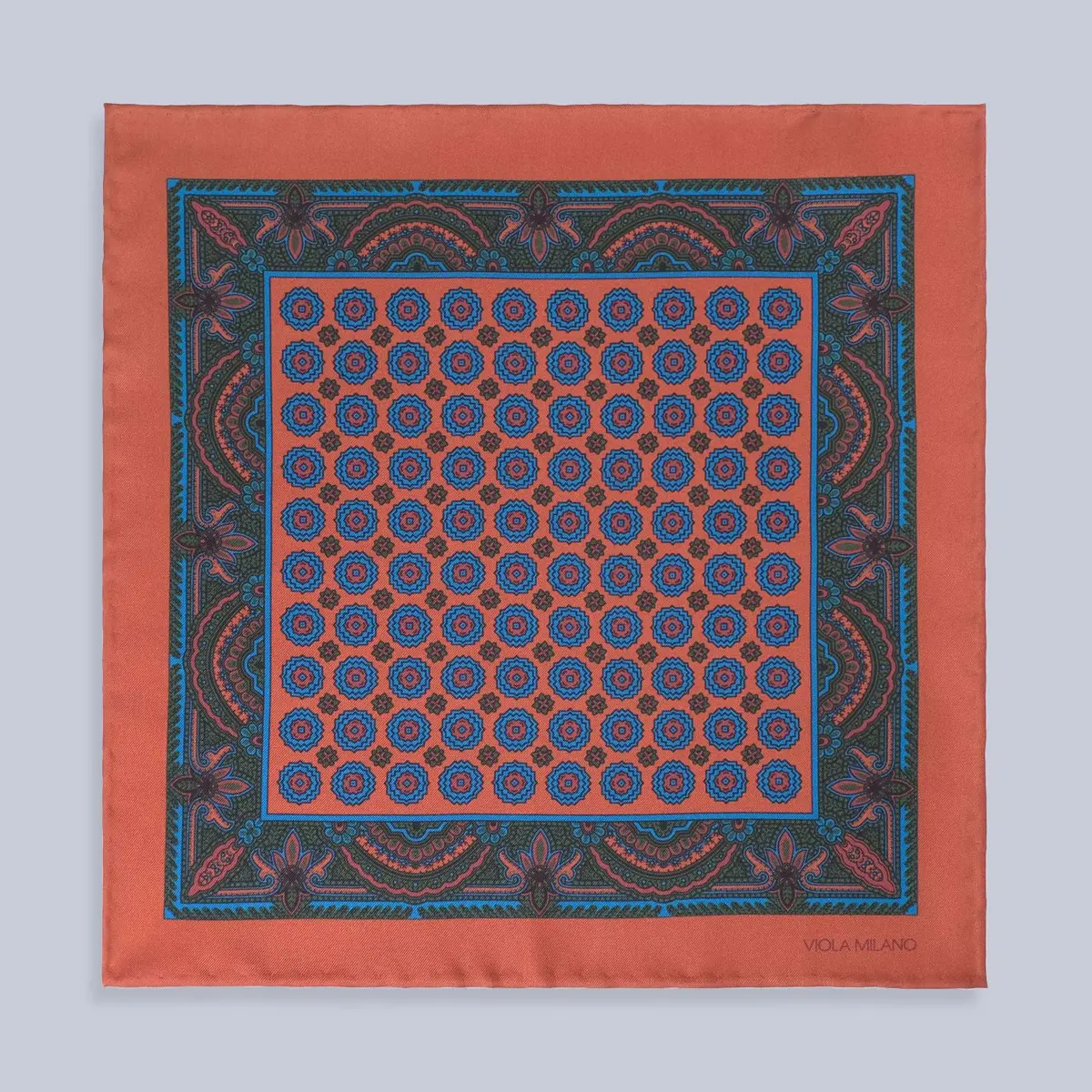 Copper Brown Blue Printed Silk Pocket Square 1