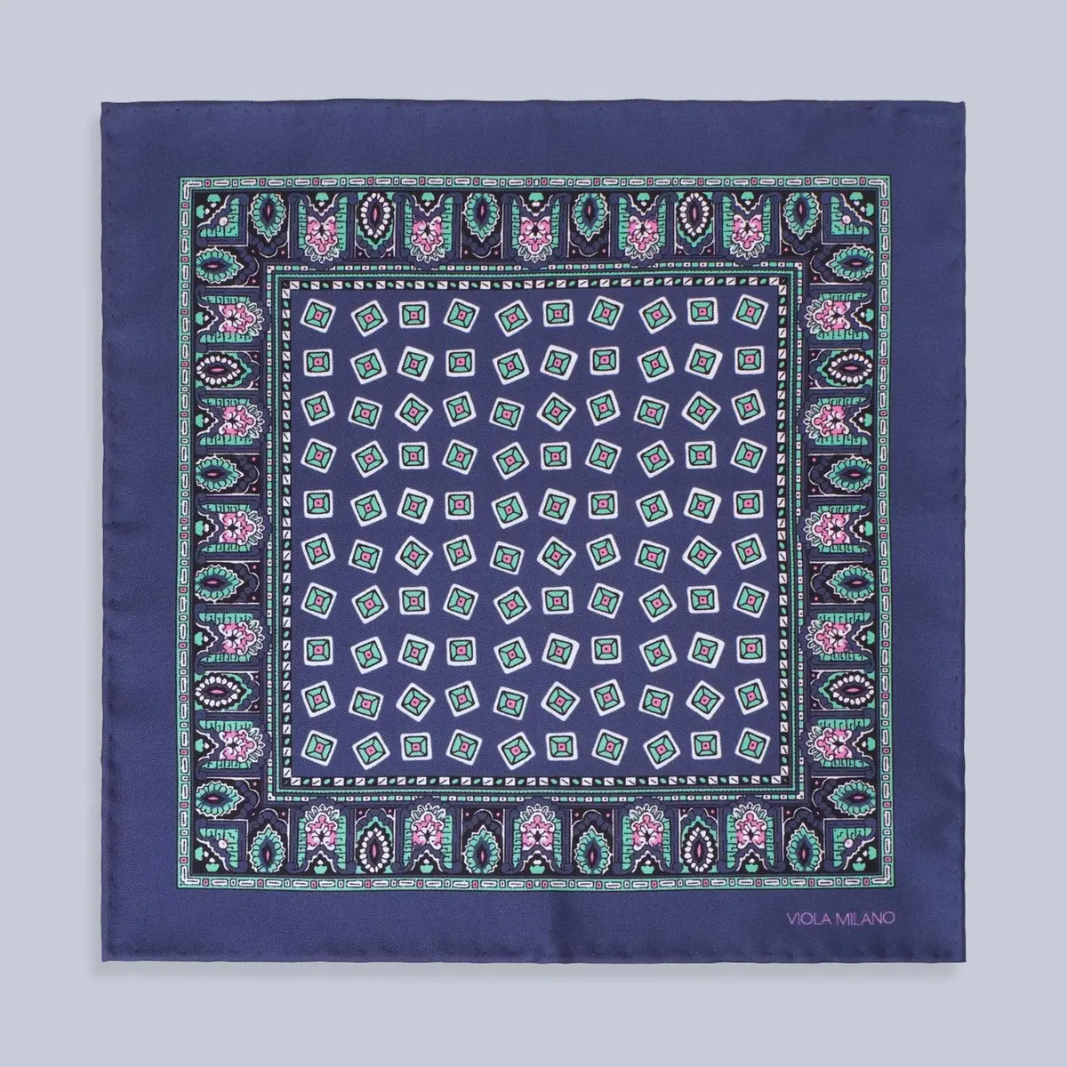 Navy Mint Pink Printed Silk Pocket Square 1